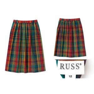 Russ Plaid Skirt Women Sz 12 Multicolor Check Pattern Midi Pockets VTG READ